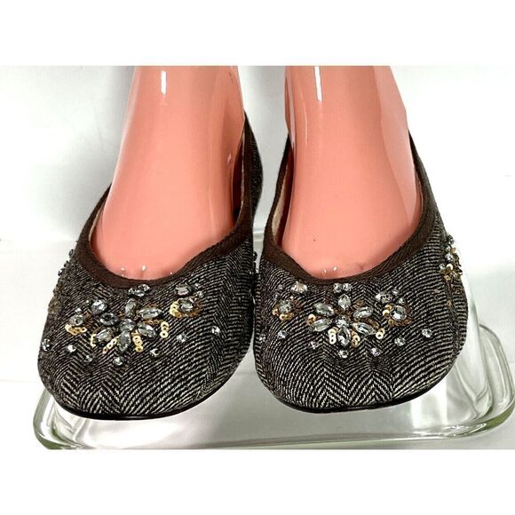Talbots Brown Tweed Ballet Flats Shoes Size 9 B US Rhinestones Sequins - Picture 3 of 12